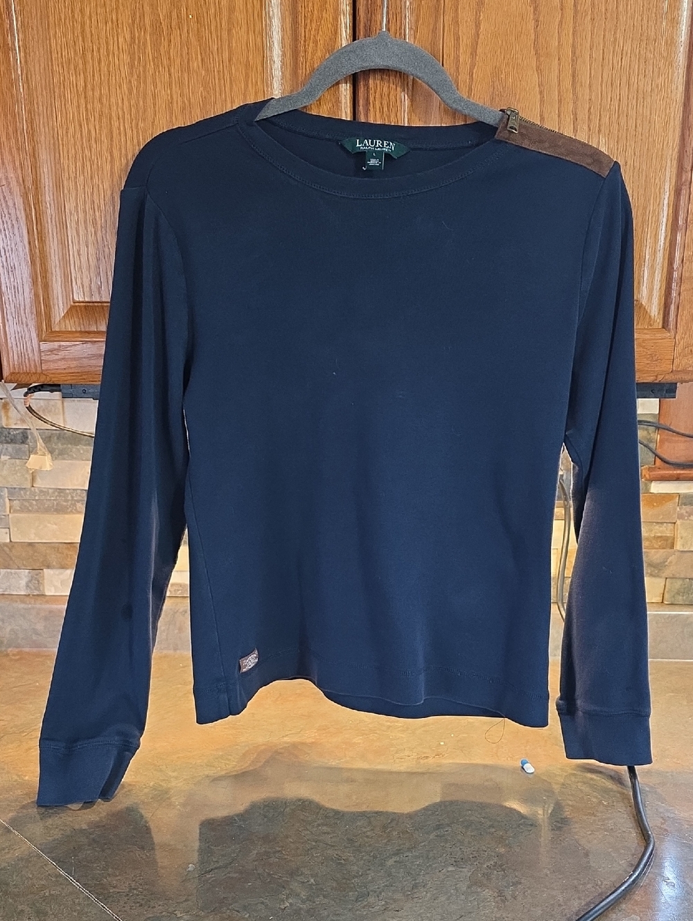 Lauren Ralph Lauren Navy Long Sleeve Crew with Brown Shoulder Patch & Zip